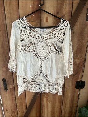 Celesta Womens Crochet Lace Boho Top One Size Ivory Cotton Blend Small